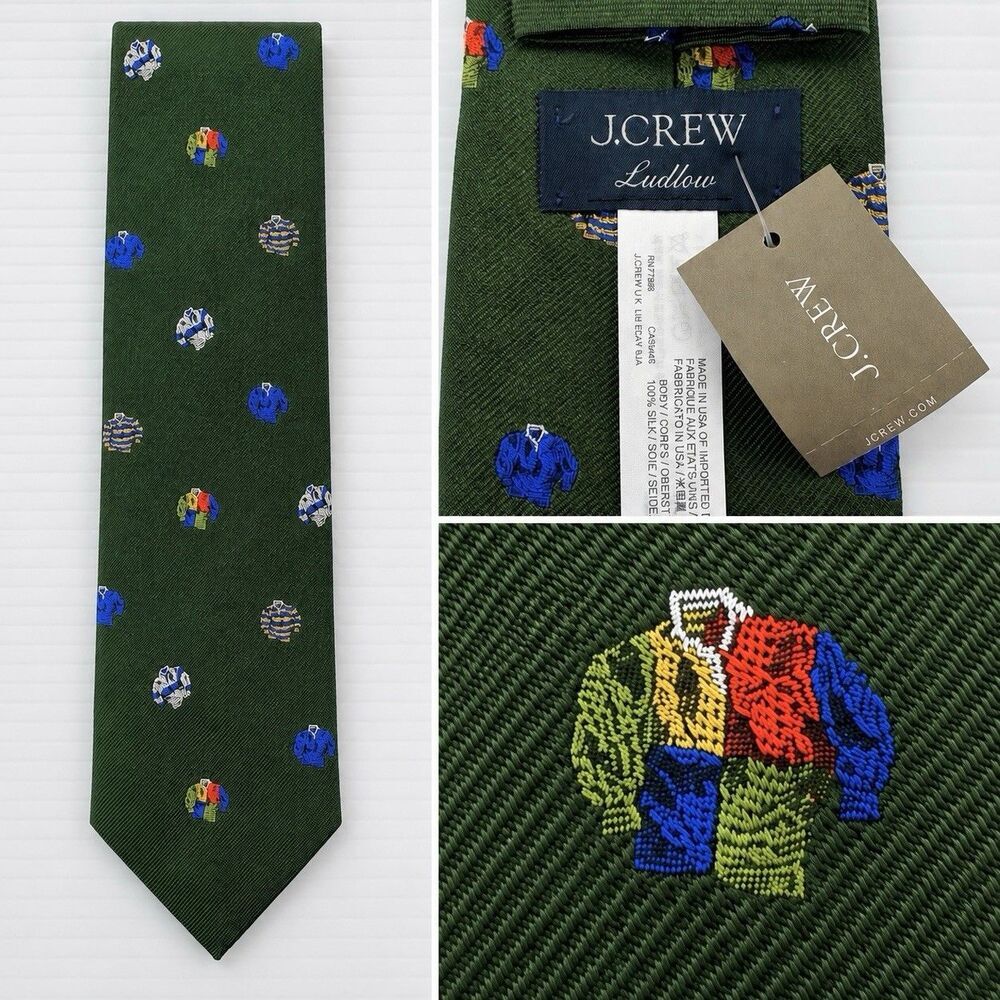 J.Crew Ludlow Silk Tie Green Rugby Shirt Print Novelty Preppy NWT USA